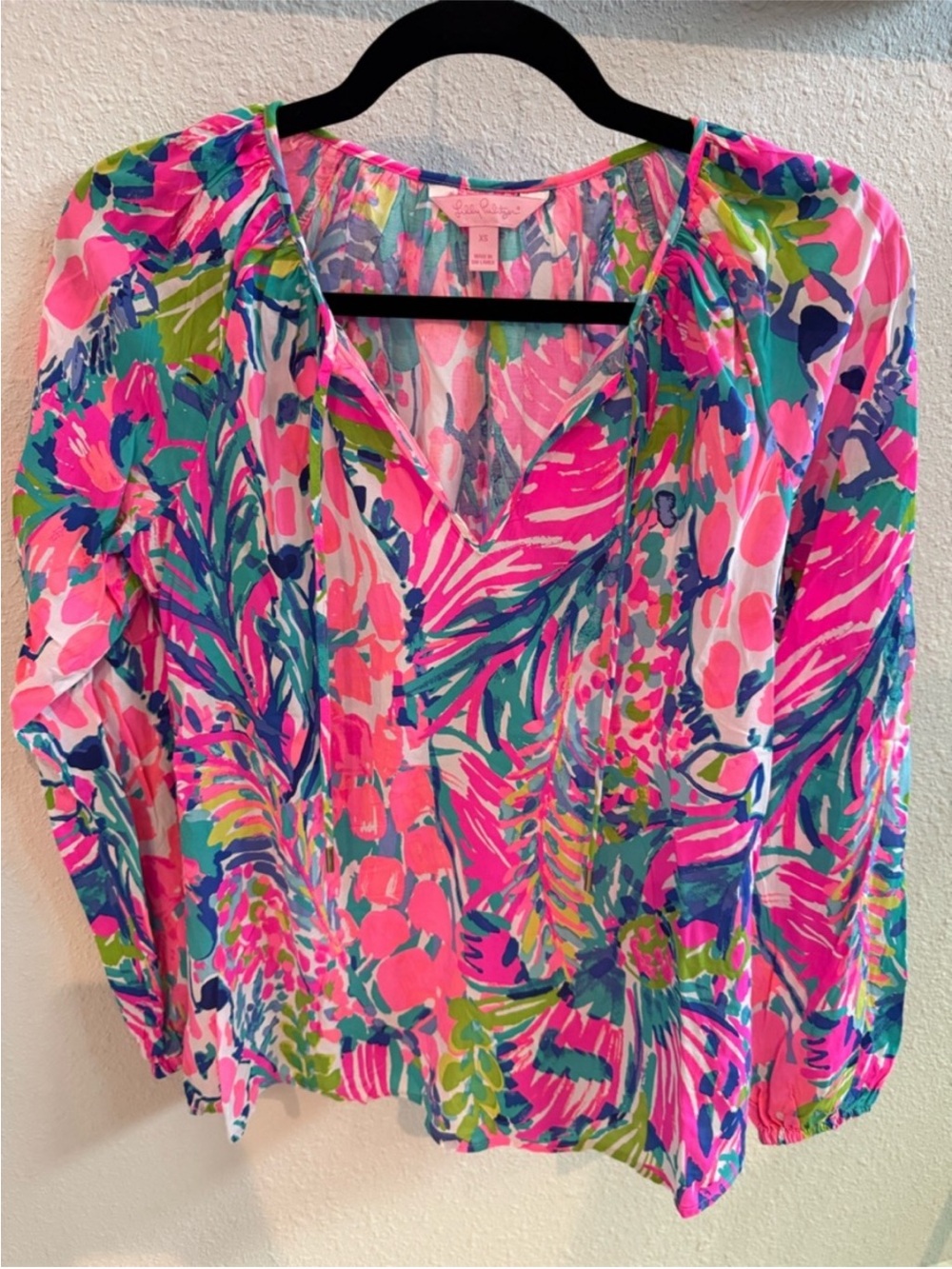Lilly Pulitzer Hot Pink & Green Tropical V-Neck Blouse